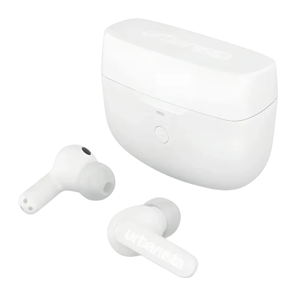 Auriculares Urbanista Atlanta Cancelación de Ruido Híbrida TWS In-Ear blancos, vista en perspectiva: dos earbuds y estuche