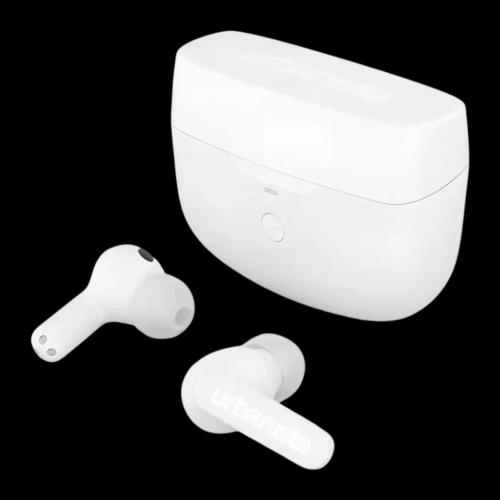 Auriculares Urbanista Atlanta Cancelación de Ruido Híbrida TWS In-Ear blancos, vista en perspectiva: dos earbuds y estuche