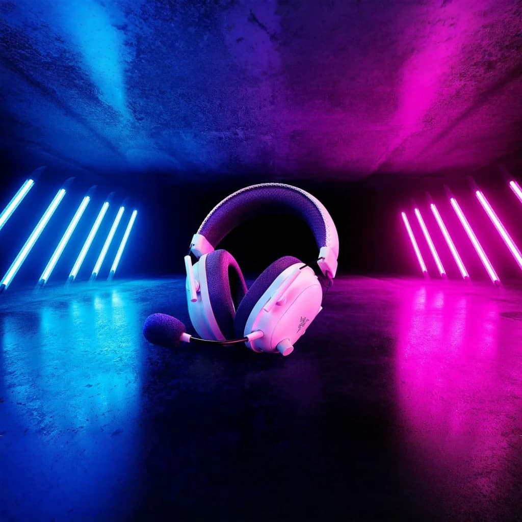 Auriculares Gaming Razer BlackShark V2 Pro for Xbox Inalámbrico, en uso: vista frontal sobre suelo oscuro con luces neón