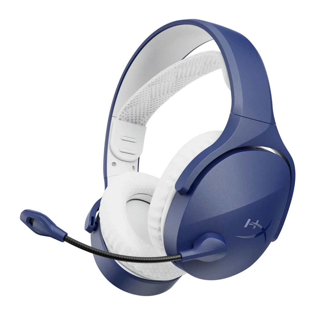 Auriculares Gaming HyperX Cloud Jet Inalámbricos Micrófono, vista lateral: cuerpo azul con almohadillas blancas y micrófono