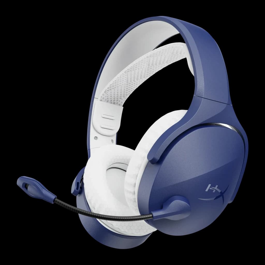 Auriculares Gaming HyperX Cloud Jet Inalámbricos Micrófono, vista lateral: cuerpo azul con almohadillas blancas y micrófono