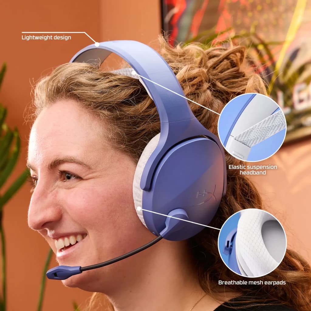 Auriculares Gaming HyperX Cloud Jet Inalámbricos Micrófono, uso: mujer con auriculares lila, detalle diadema elástica