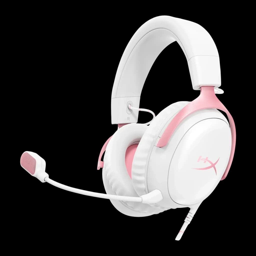 Auriculares Gaming HyperX Cloud III Micrófono Boom Extraíble, vista lateral: almohadillas blancas, estructura rosa