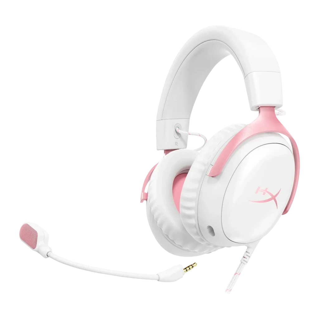 Auriculares Gaming HyperX Cloud III Micrófono Boom Extraíble, vista lateral: acabado blanco y rosa, boom extraíble