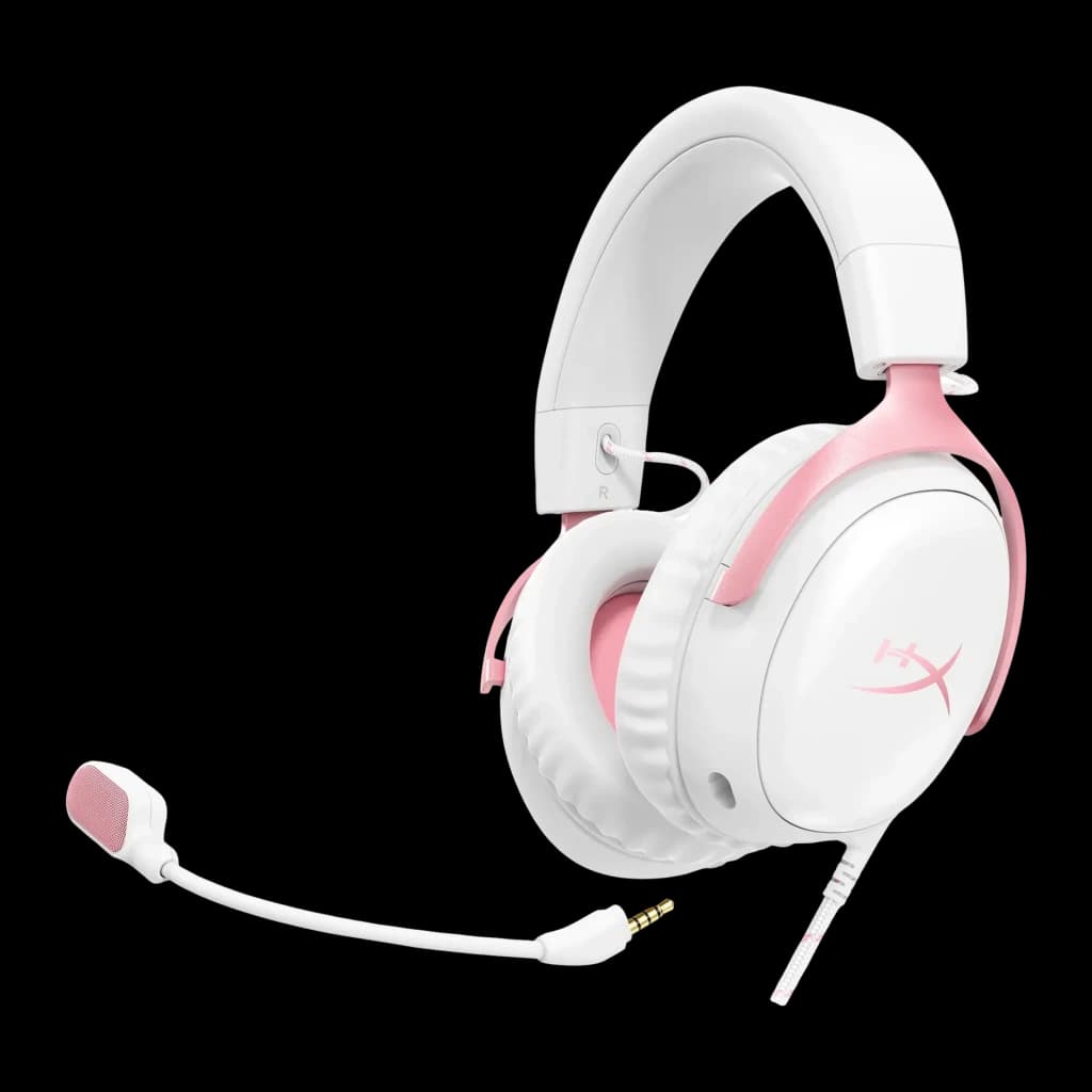 Auriculares Gaming HyperX Cloud III Micrófono Boom Extraíble, vista lateral: acabado blanco y rosa, boom extraíble