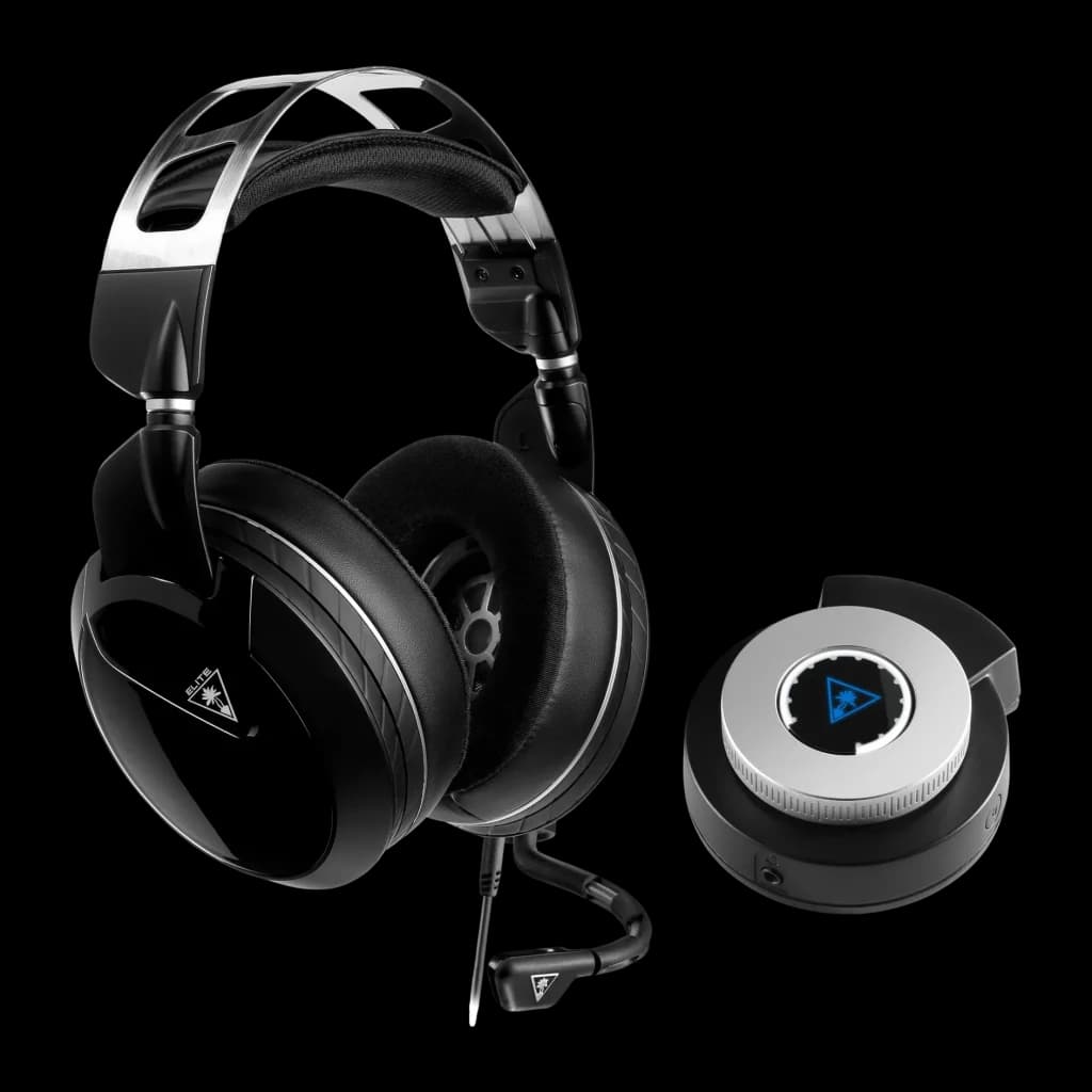 Casque Gaming Turtle Beach Elite Pro 2 Sans Fil Micro Boom, vue avant: casque noir avec arceau argenté, micro boom et base