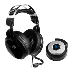 Casque Gaming Turtle Beach Elite Pro 2 Sans Fil Micro Boom, vue avant: casque noir avec arceau argenté, micro boom et base