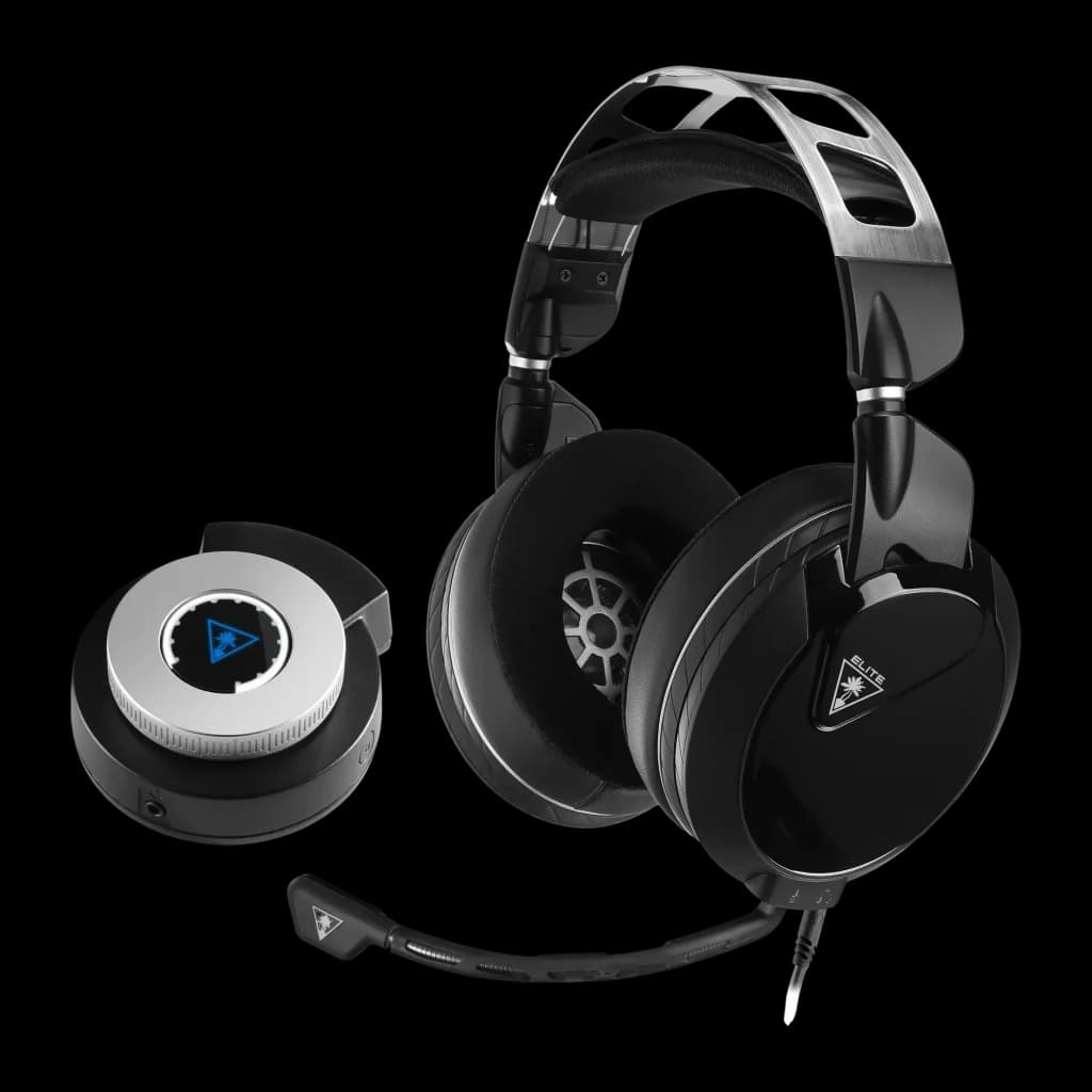 Casque Gaming Turtle Beach Elite Pro 2 Sans Fil Micro Boom, vue latérale: casque noir avec arceau argenté et station