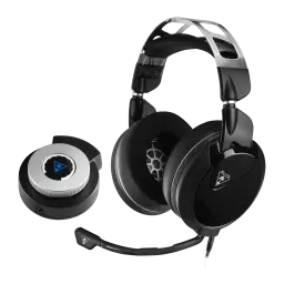 Casque Gaming Turtle Beach Elite Pro 2 Sans Fil Micro Boom, vue latérale: casque noir avec arceau argenté et station