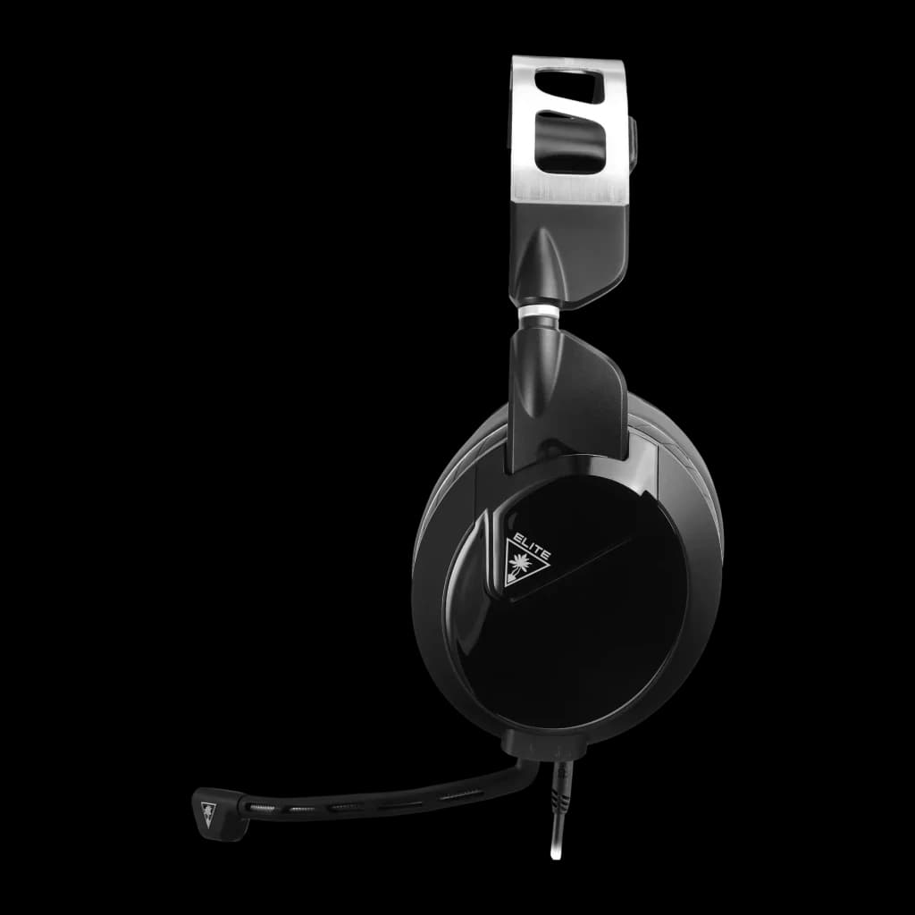 Casque Gaming Turtle Beach Elite Pro 2 Sans Fil Micro Boom, vue latérale: coque noire avec arceau argenté et micro boom