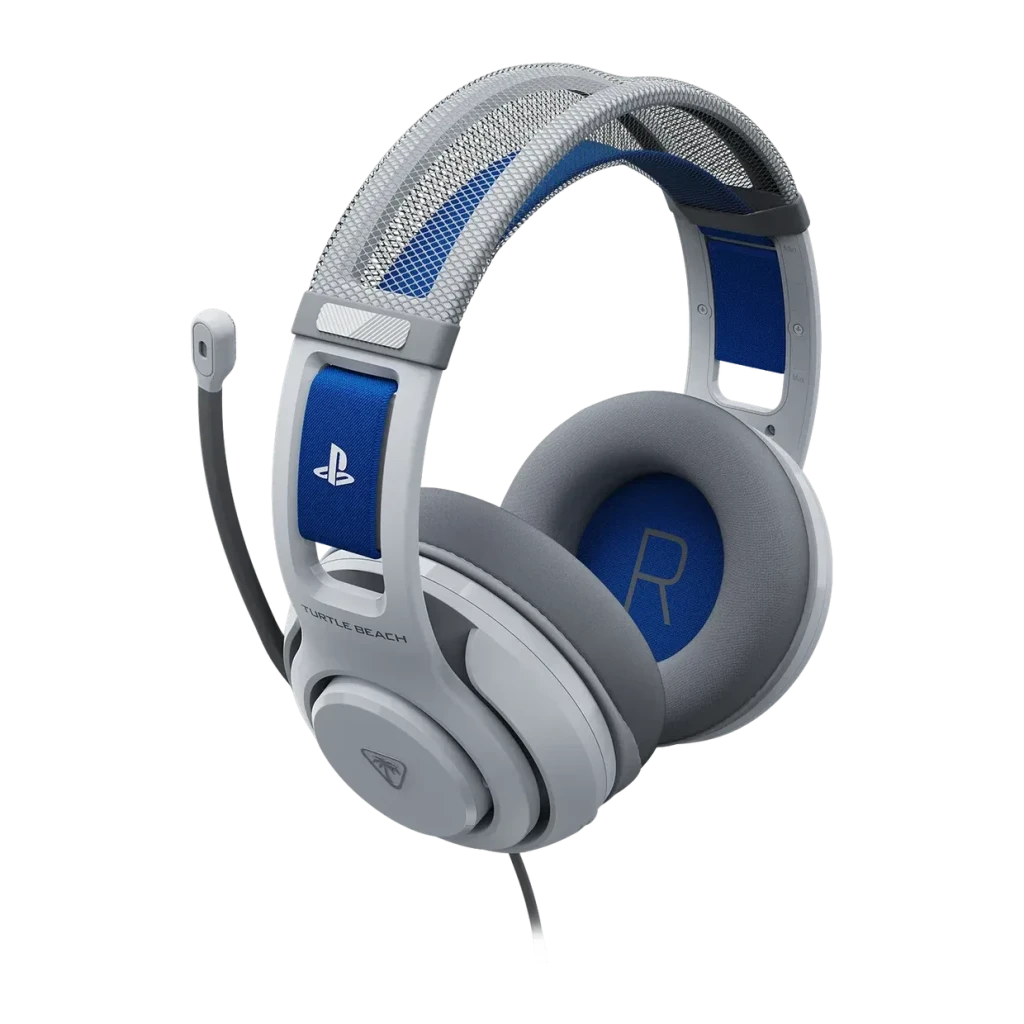 Casque Gaming Turtle Beach Atlas 200 PS avec Microphone, vue latérale: corps gris avec accents bleus, logo PlayStation