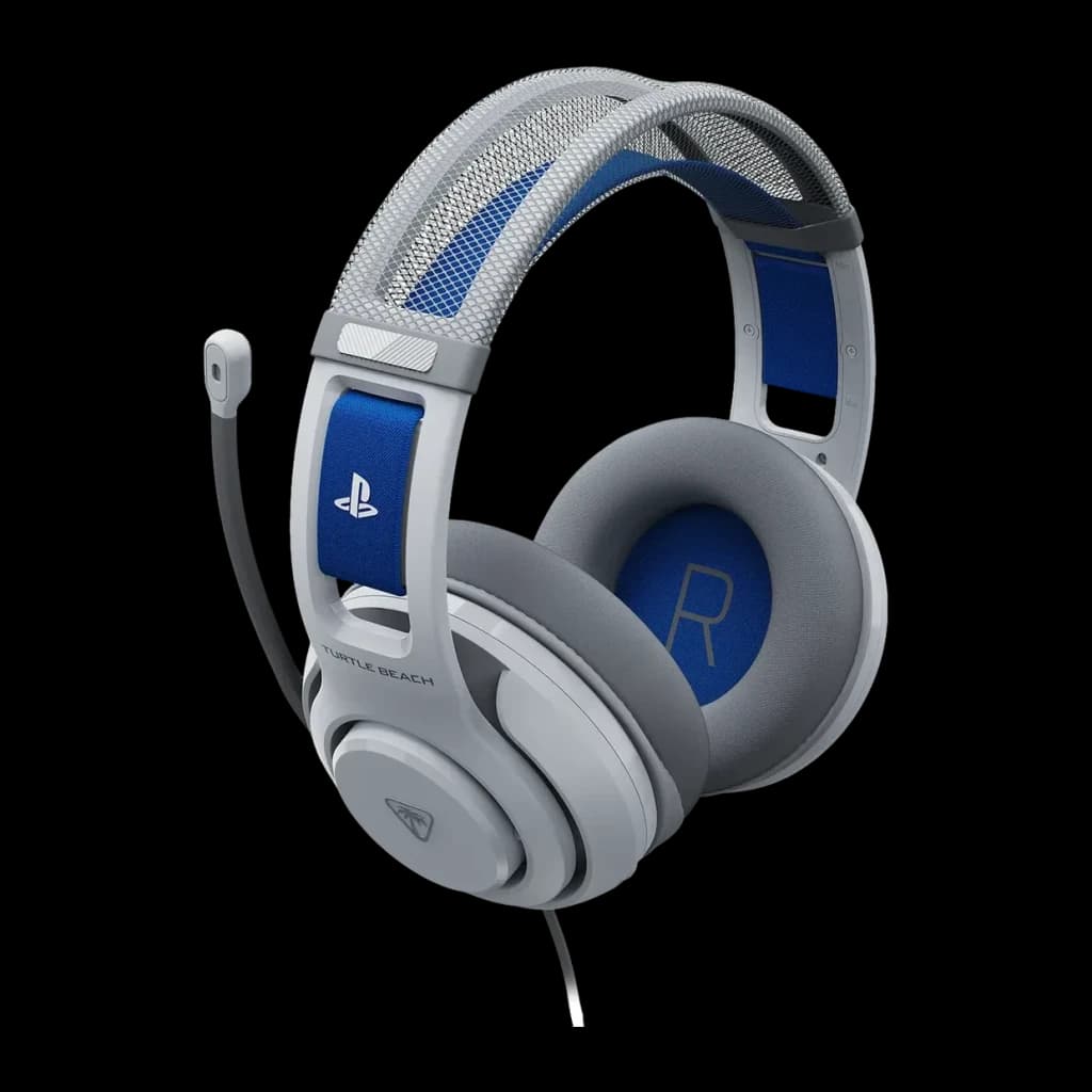 Casque Gaming Turtle Beach Atlas 200 PS avec Microphone, vue latérale: corps gris avec accents bleus, logo PlayStation