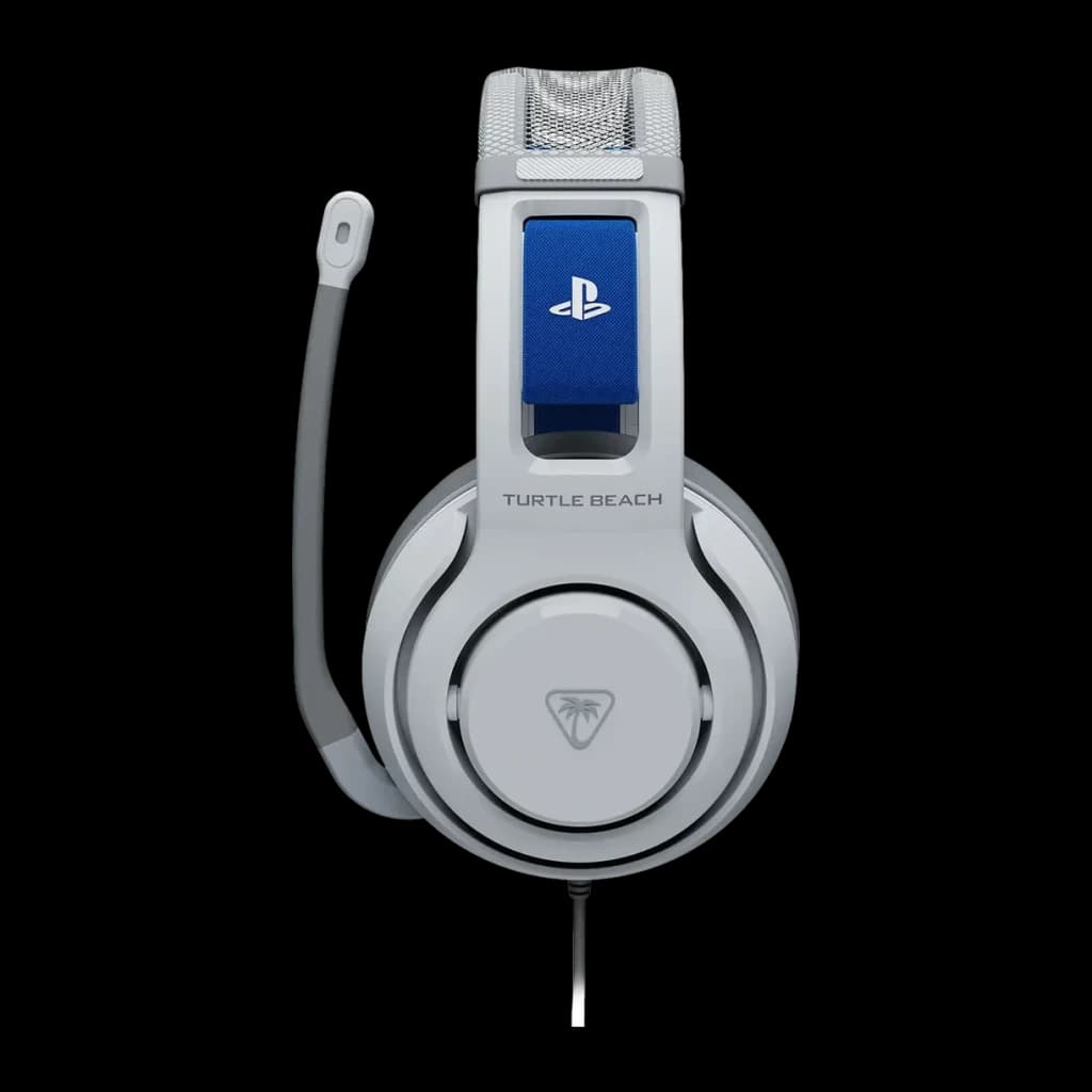 Casque Gaming Turtle Beach Atlas 200 PS avec Microphone, vue de face: casque blanc avec panneau bleu PlayStation