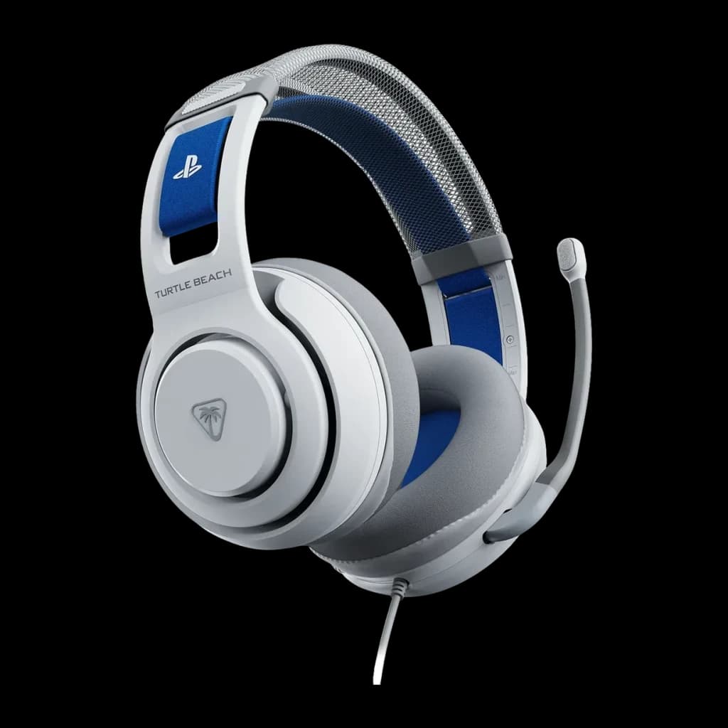 Casque Gaming Turtle Beach Atlas 200 PS avec Microphone, vue latérale: arceau bleu avec logo PlayStation, micro flexible