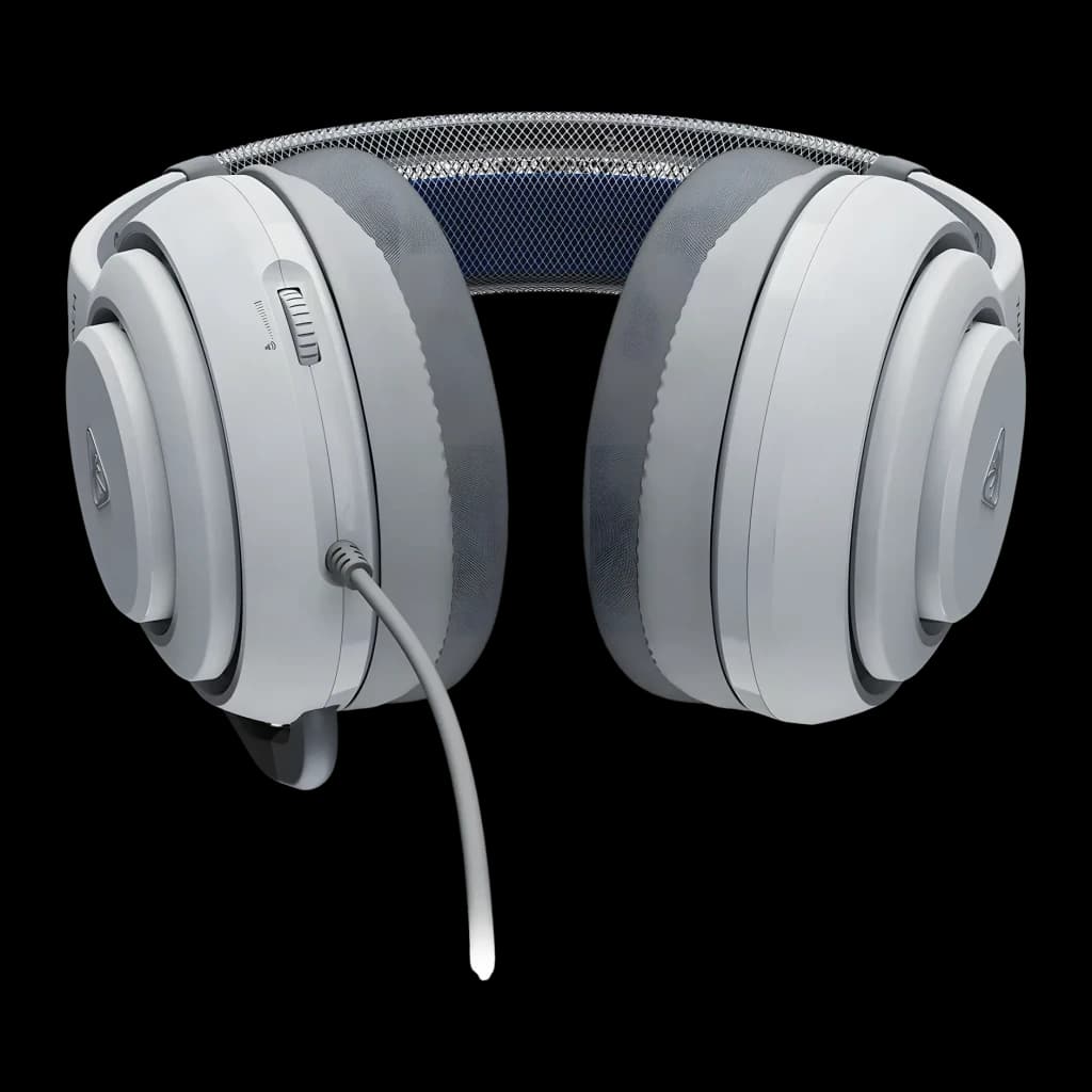 Casque Gaming Turtle Beach Atlas 200 PS avec Microphone, vue arrière: arceau maillé bleu, coussinets gris et câble visible