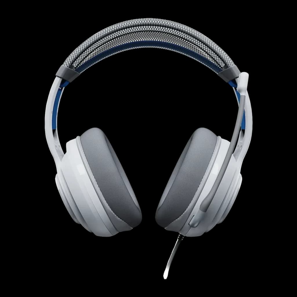 Casque Gaming Turtle Beach Atlas 200 PS avec Microphone, vue de face: arceau textile gris avec accents bleus et coussinets