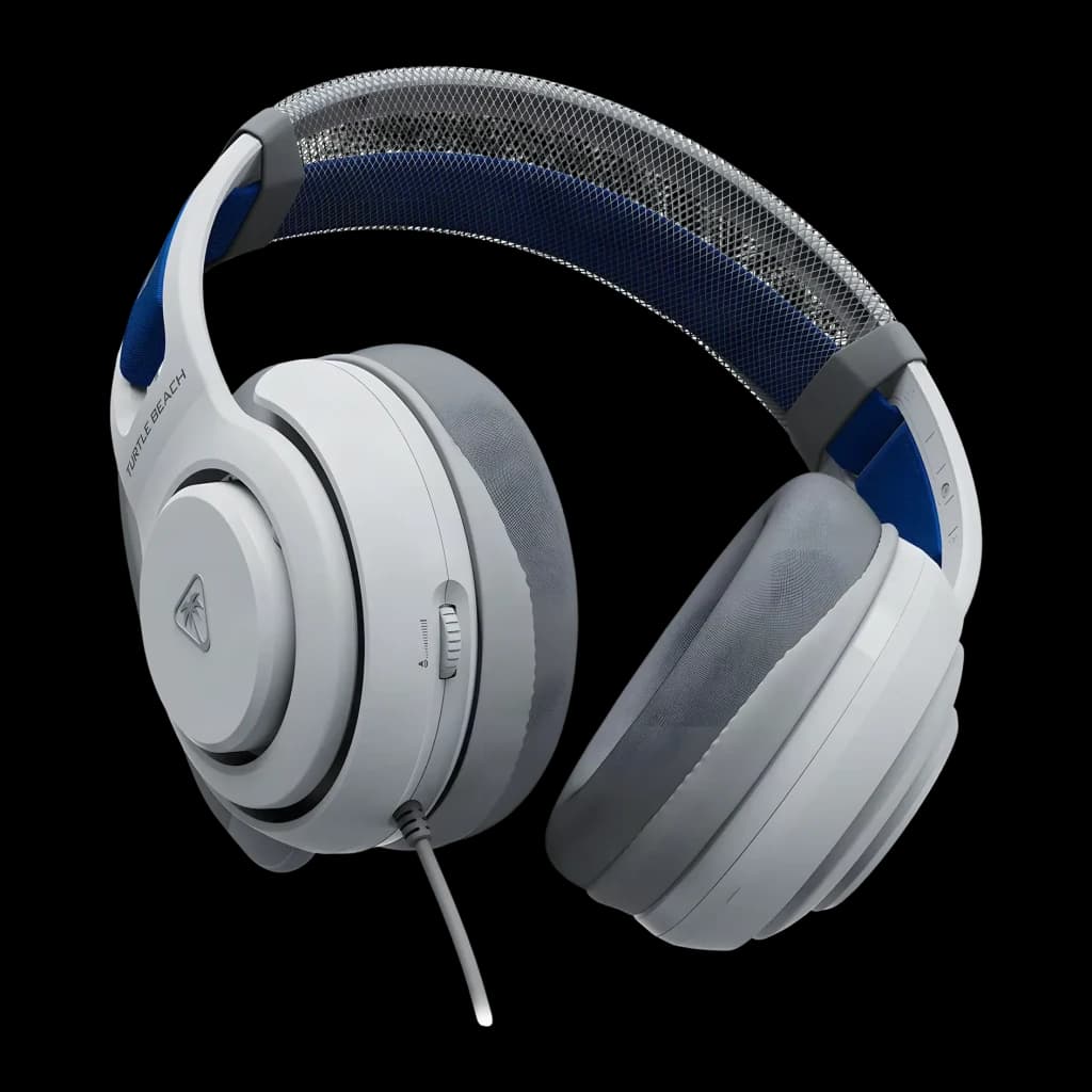 Casque Gaming Turtle Beach Atlas 200 PS avec Microphone, vue diagonale: arceau à maille bleue et coussinets blancs avec câble
