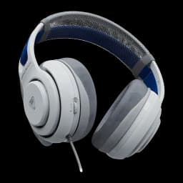 Casque Gaming Turtle Beach Atlas 200 PS avec Microphone, vue diagonale: arceau à maille bleue et coussinets blancs avec câble