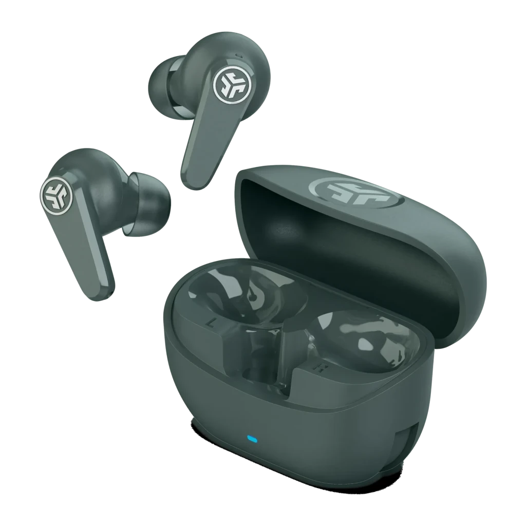 Auriculares JLab Go Pods ANC Cancelación de Ruido Híbrida TWS In-Ear, vista principal: dos earbuds grises y estuche abierto