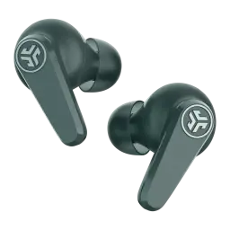Auriculares JLab Go Pods ANC Cancelación de Ruido Híbrida TWS In-Ear, vista frontal: dos earbuds grises con logo JLab