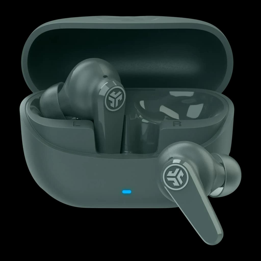 Auriculares JLab Go Pods ANC Cancelación de Ruido Híbrida TWS In-Ear, vista frontal: estuche abierto con LED azul