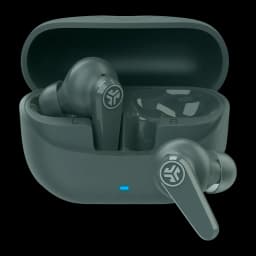 Auriculares JLab Go Pods ANC Cancelación de Ruido Híbrida TWS In-Ear, vista frontal: estuche abierto con LED azul