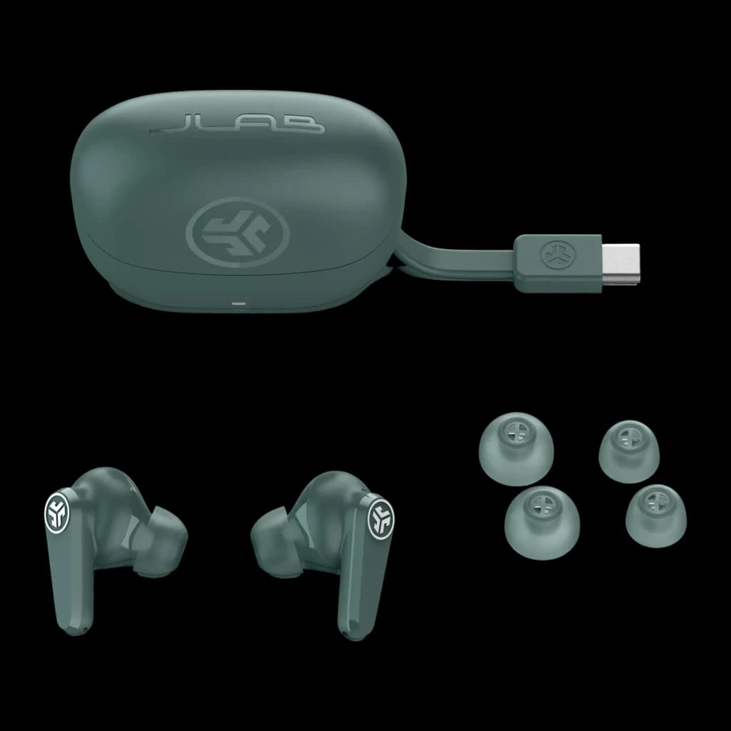 Auriculares JLab Go Pods ANC Cancelación de Ruido Híbrida TWS In-Ear, contenido: estuche verde con cable USB-C integrado
