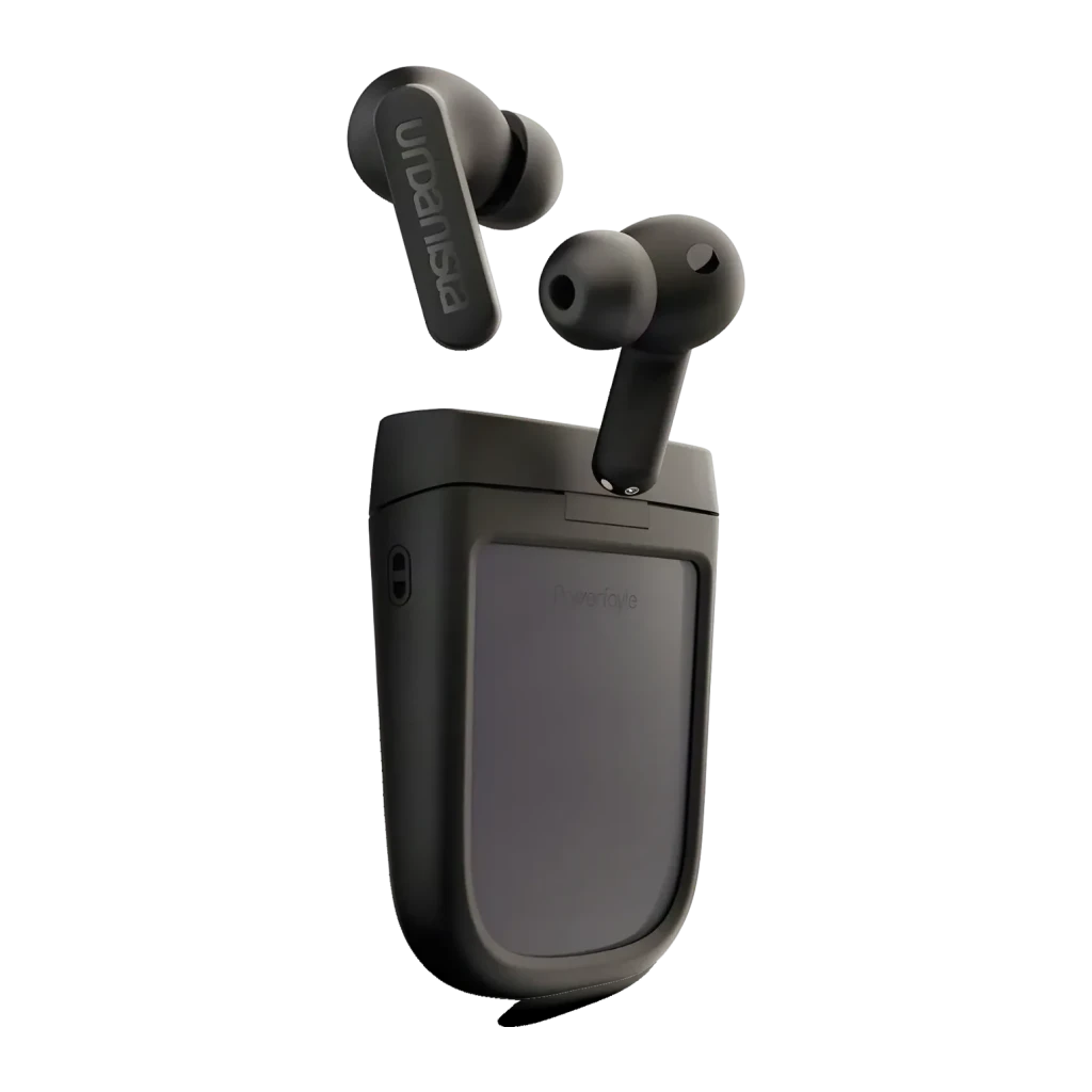 Auriculares Urbanista Phoenix Cancelación de Ruido Híbrida TWS In-Ear negro, vista frontal: earbuds extraídos del estuche