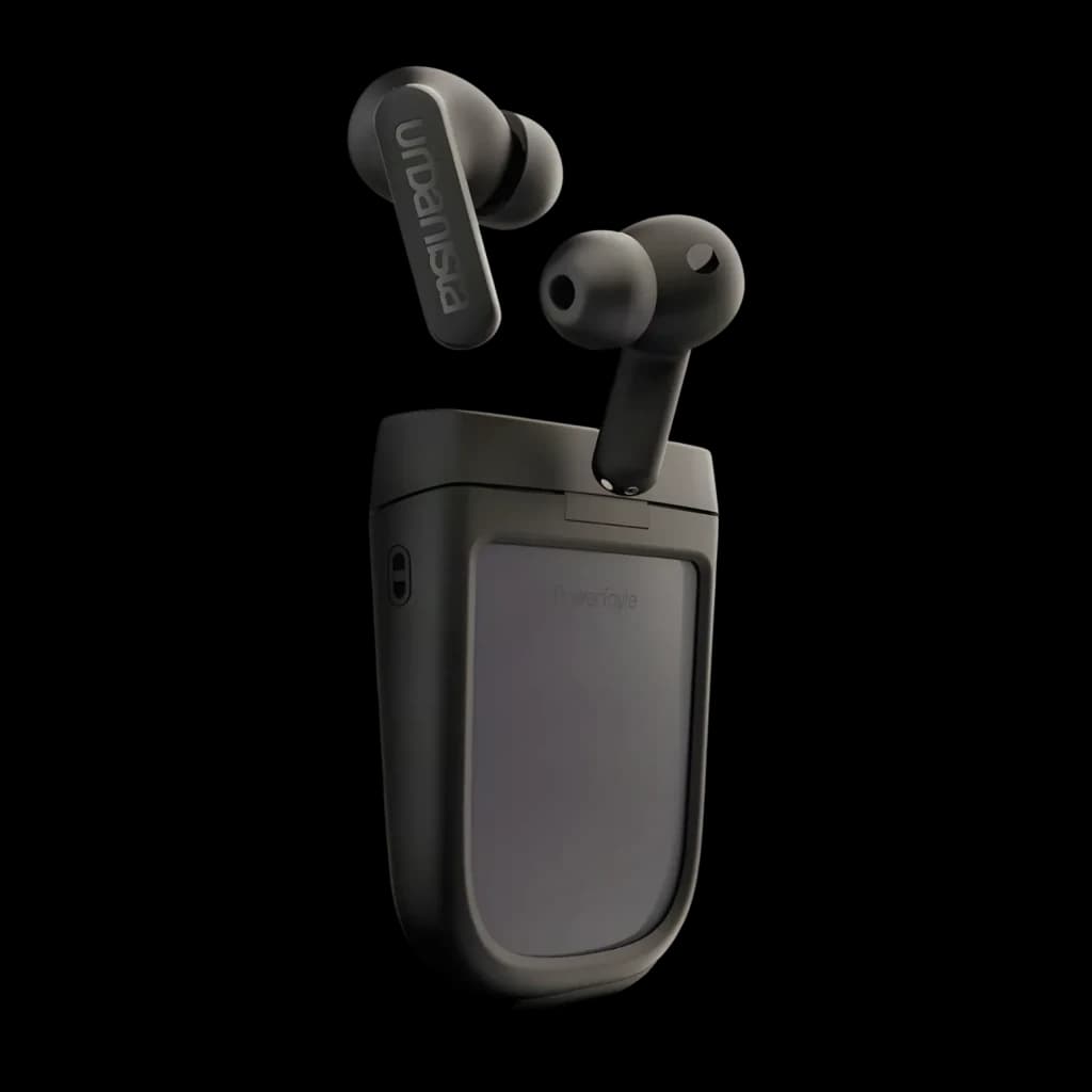 Auriculares Urbanista Phoenix Cancelación de Ruido Híbrida TWS In-Ear negro, vista frontal: earbuds extraídos del estuche