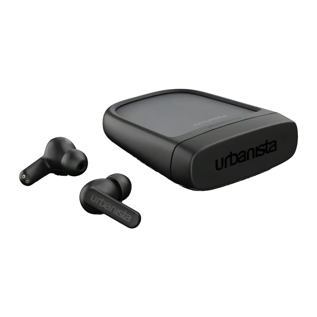 Auriculares Urbanista Phoenix Cancelación de Ruido Híbrida TWS In-Ear, vista lateral: earbuds negros junto a estuche