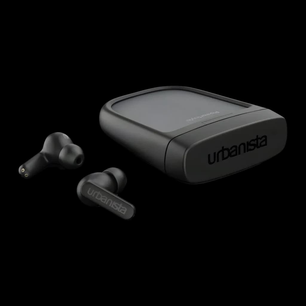 Auriculares Urbanista Phoenix Cancelación de Ruido Híbrida TWS In-Ear, vista lateral: earbuds negros junto a estuche