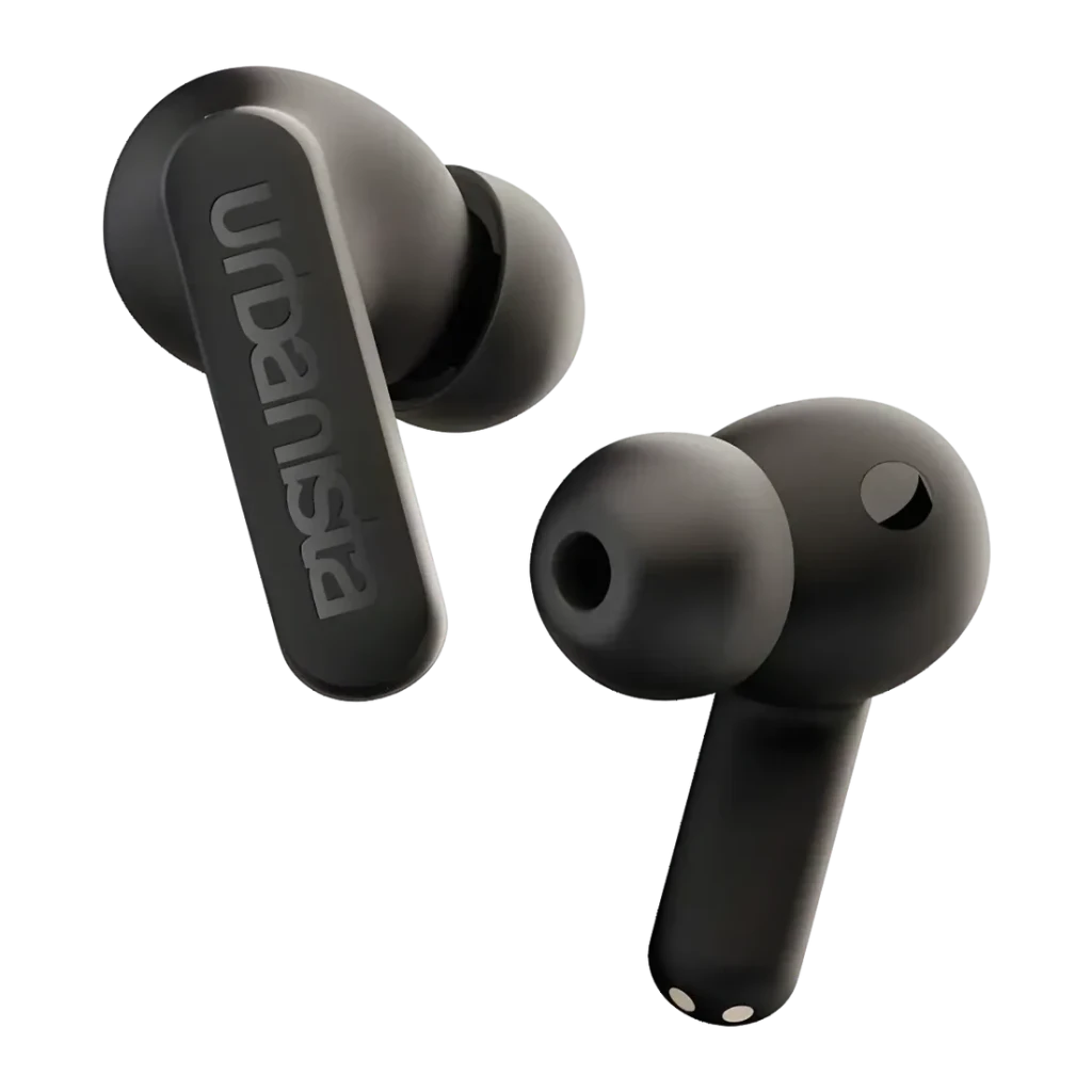 Auriculares Urbanista Phoenix Cancelación de Ruido Híbrida TWS In-Ear, par: logo en relieve y puntos de carga visibles