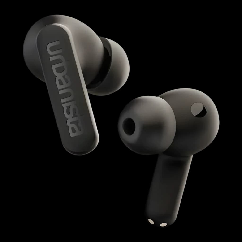 Auriculares Urbanista Phoenix Cancelación de Ruido Híbrida TWS In-Ear, par: logo en relieve y puntos de carga visibles