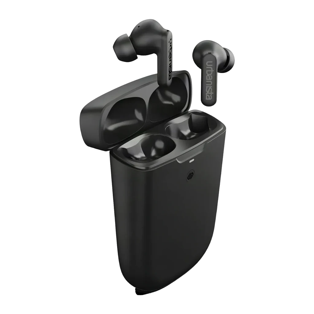 Auriculares Urbanista Phoenix Cancelación de Ruido Híbrida TWS In-Ear, vista en perspectiva: estuche abierto negro con ambos