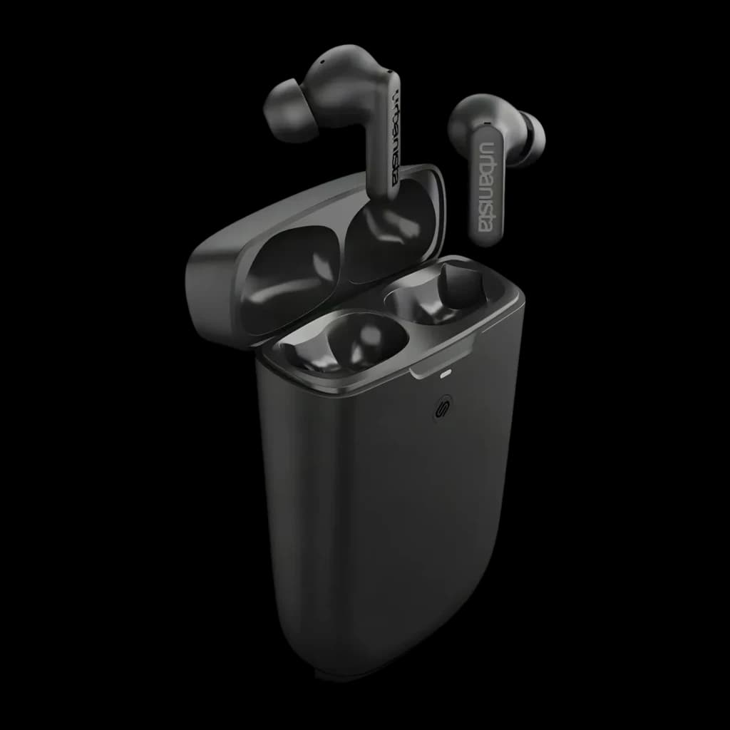 Auriculares Urbanista Phoenix Cancelación de Ruido Híbrida TWS In-Ear, vista en perspectiva: estuche abierto negro con ambos