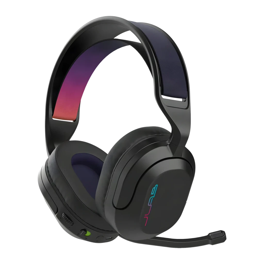 Auriculares JLab Audio Nightfall Wireless Gaming Headset Inalámbrico, vista lateral: diadema con degradado RGB rojo-púrpura