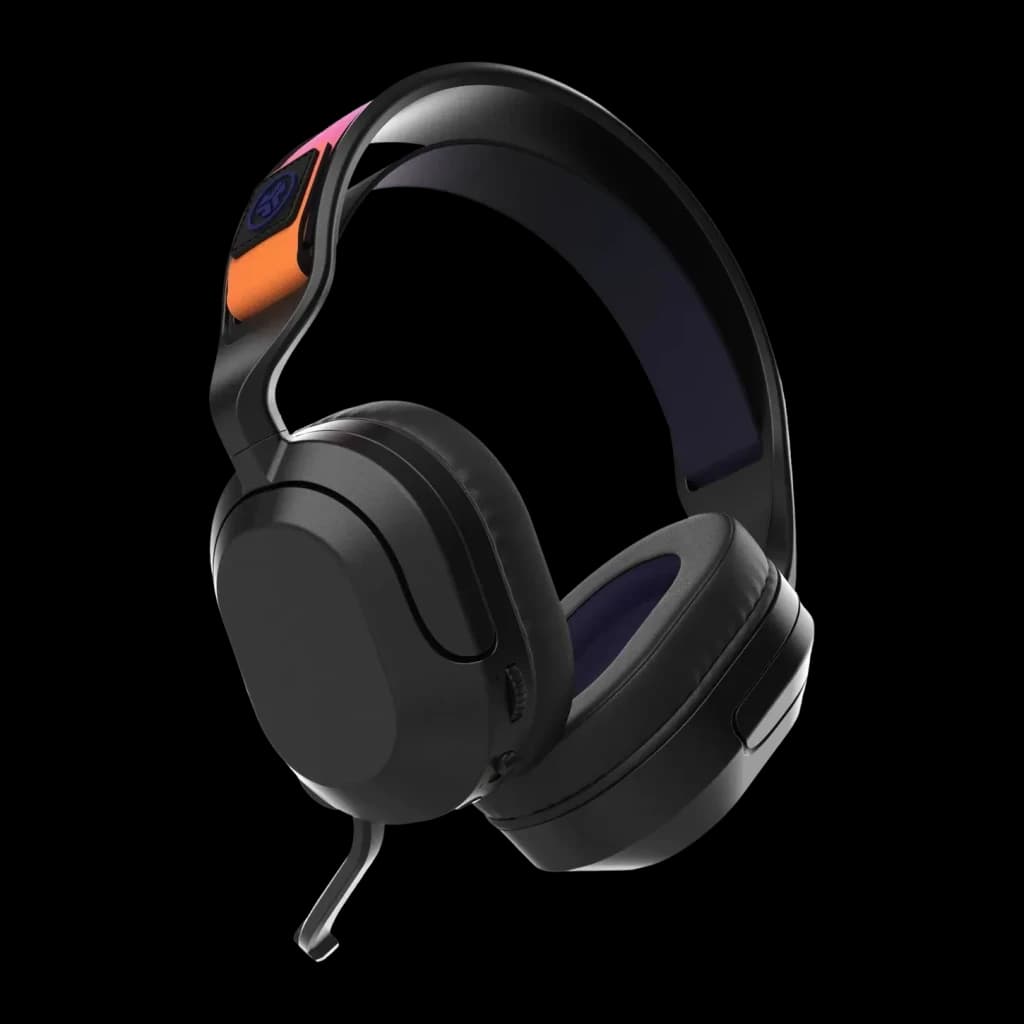Auriculares JLab Audio Nightfall Wireless Gaming Headset Inalámbrico, vista lateral: diadema con detalles naranja y rosa