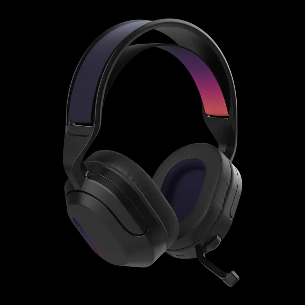 Auriculares JLab Audio Nightfall Wireless Gaming Headset Inalámbrico, vista lateral: diadema con degradado azul-rojo