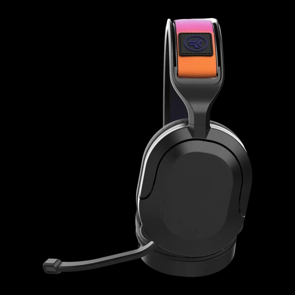 Auriculares JLab Audio Nightfall Wireless Gaming Headset Inalámbrico, vista lateral: diadema naranja-rosa con logo JLab