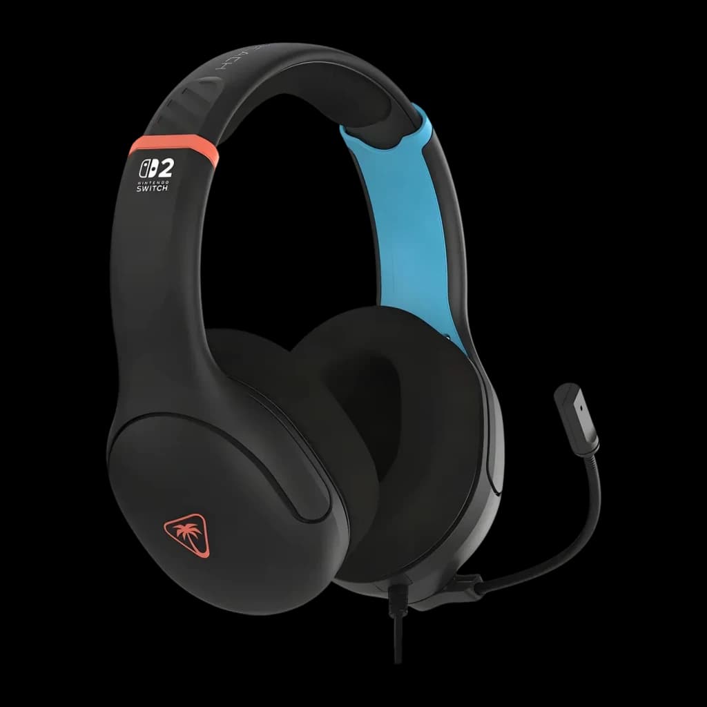Casque Gaming Turtle Beach Airlite Fit avec Microphone, vue latérale: arceau bleu, logo Nintendo Switch 2 et microphone