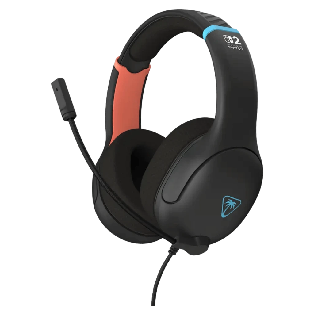 Casque gaming noir Turtle Beach Airlite Fit avec coussinets doux, arceau rembourré bleu corail et micro flexible amovible, logo lumineux sur l’oreillette
