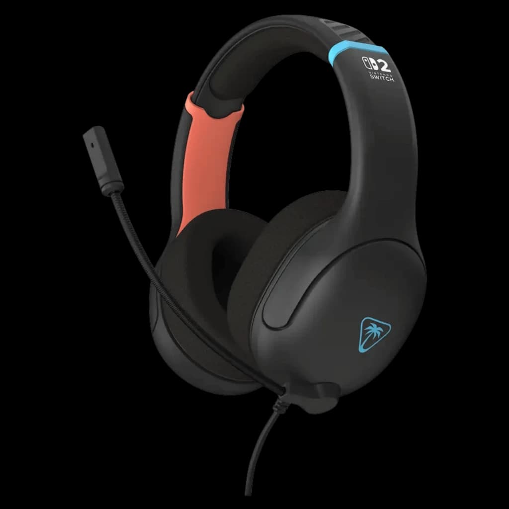 Casque gaming noir Turtle Beach Airlite Fit avec coussinets doux, arceau rembourré bleu corail et micro flexible amovible, logo lumineux sur l’oreillette