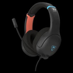 Casque gaming noir Turtle Beach Airlite Fit avec coussinets doux, arceau rembourré bleu corail et micro flexible amovible, logo lumineux sur l’oreillette