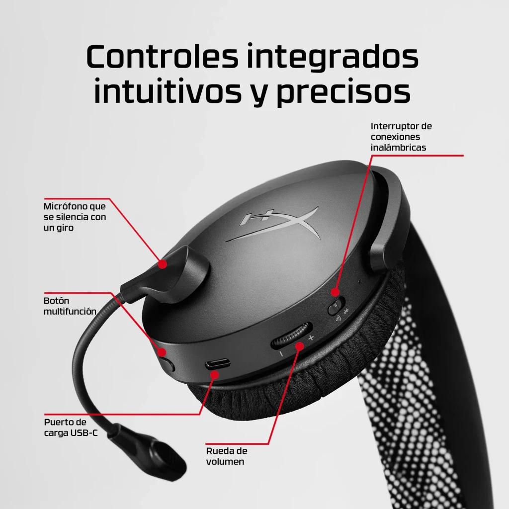 Auriculares Gaming HyperX Cloud Jet Inalámbrico Con Micrófono, detalle lateral: controles, rueda de volumen, USB-C