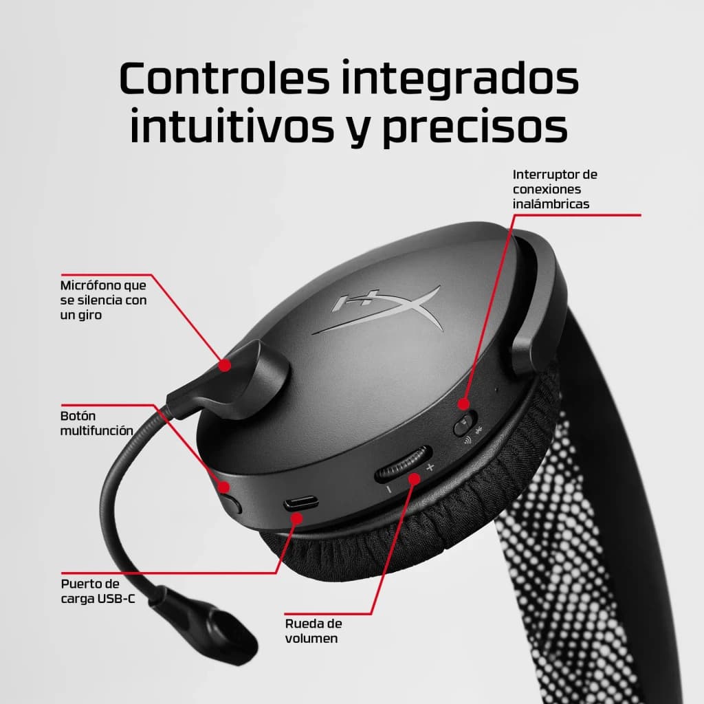 Auriculares Gaming HyperX Cloud Jet Inalámbrico Con Micrófono, detalle lateral: controles, rueda de volumen, USB-C