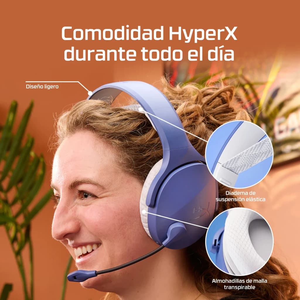 Auriculares Gaming HyperX Cloud Jet Inalámbrico Con Micrófono, lifestyle: mujer con auriculares lila, detalle diadema