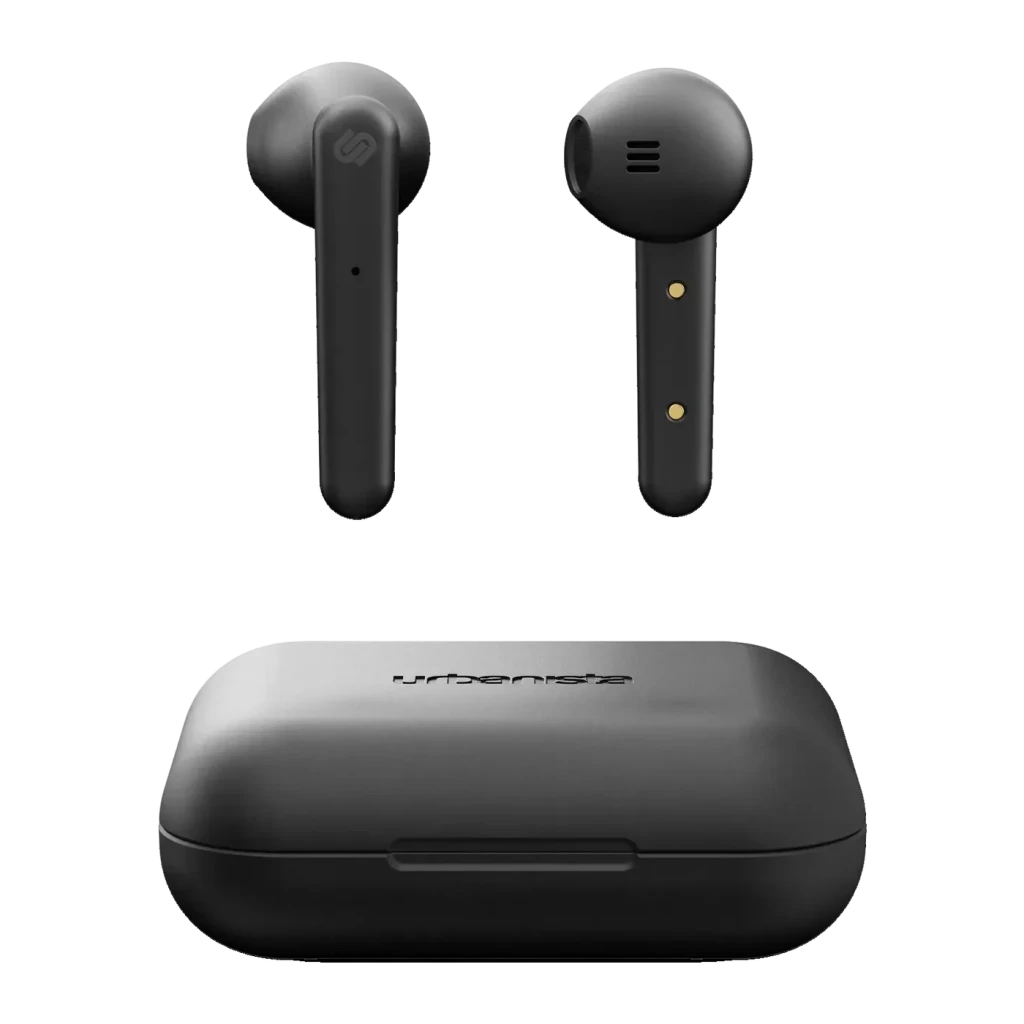 Auriculares Urbanista Stockholm In-Ear Bluetooth 5.0 14h, vista frontal: dos earbuds negros flotando sobre estuche de carga