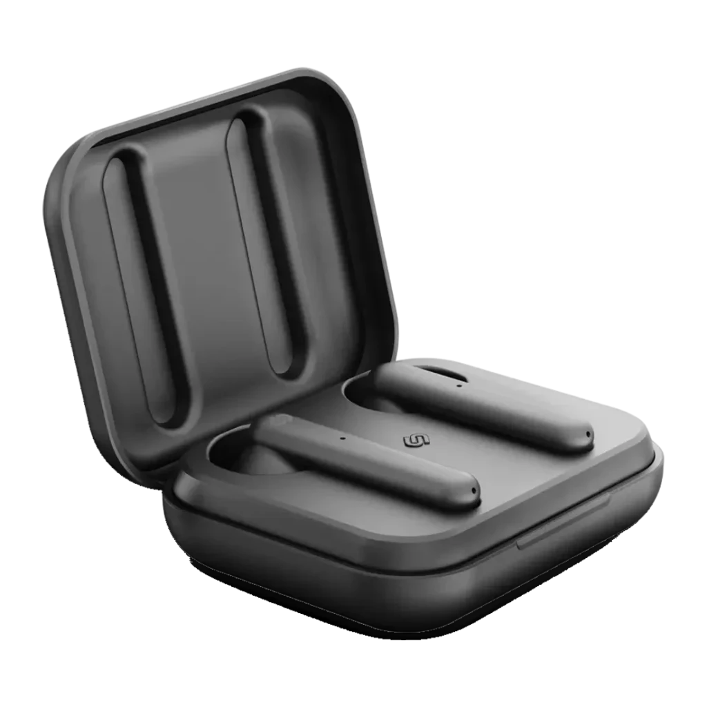 Auriculares Urbanista Stockholm In-Ear Bluetooth 5.0 14h, detalle: estuche de carga abierto en negro con auriculares dentro