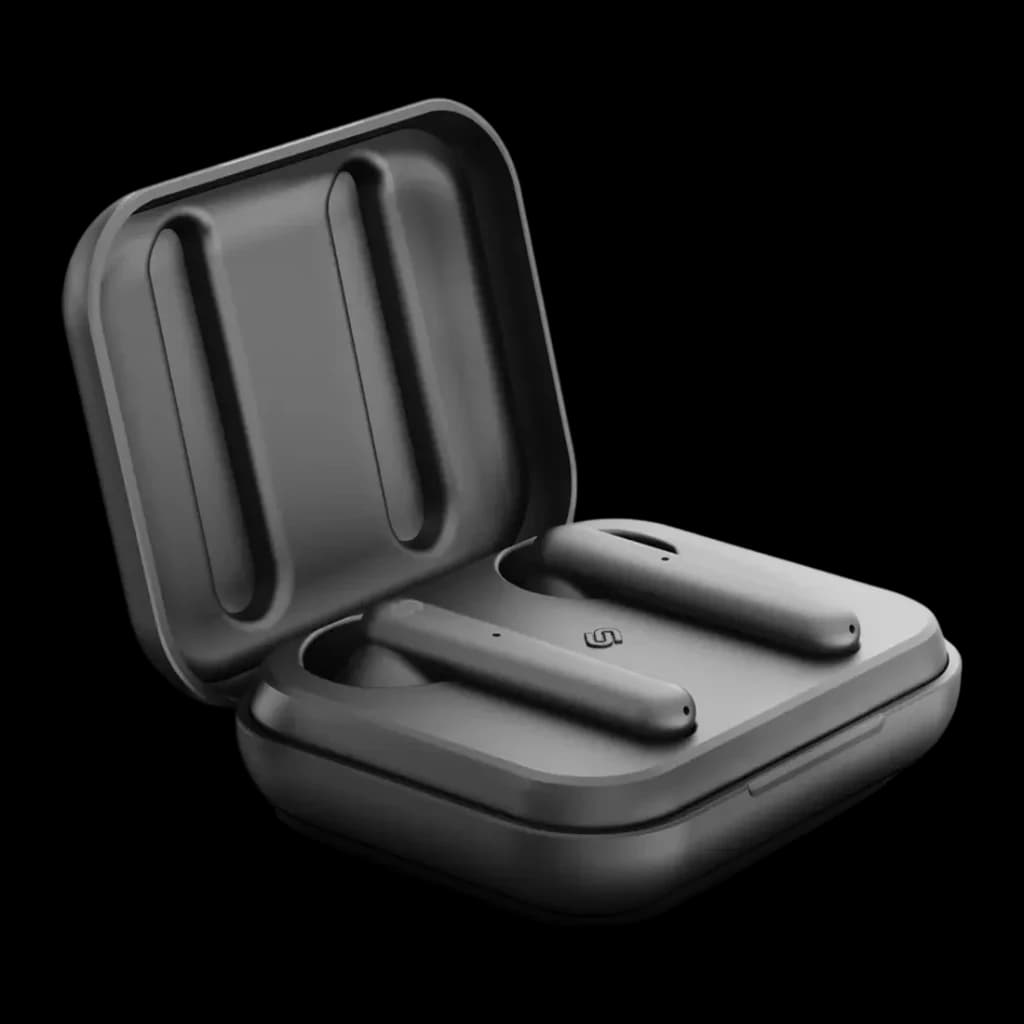 Auriculares Urbanista Stockholm In-Ear Bluetooth 5.0 14h, detalle: estuche de carga abierto en negro con auriculares dentro