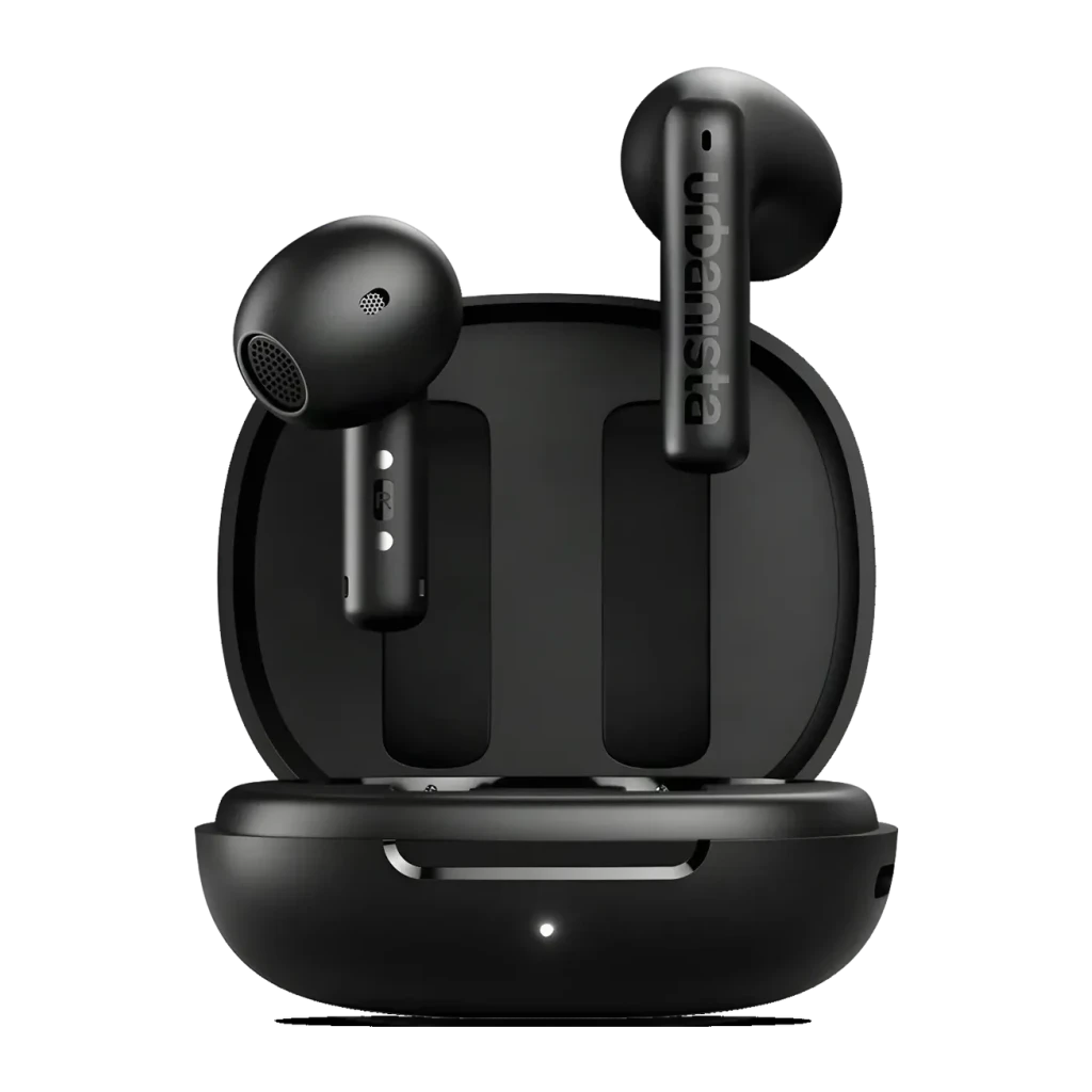 Auriculares Urbanista Santa Monica Cancelación de Ruido Adaptativa TWS negros, vista frontal: estuche abierto con ambos